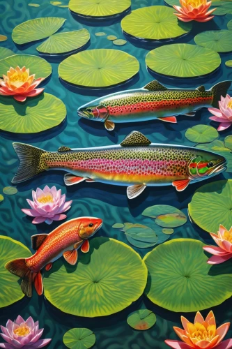 koi pond,koi fish,koi carp,hawaii doctor fish,koi carps,ornamental fish,doctor fish,koi,fish pond,fish in water,freshwater fish,fishes,lily pond,forest fish,pond flower,fjord trout,pallet doctor fish,oil painting on canvas,surface tension,rainbow trout,Illustration,Japanese style,Japanese Style 20