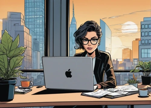 businesswoman,women in technology,business woman,business women,bussiness woman,office worker,modern office,businesswomen,sci fiction illustration,work from home,apple desk,receptionist,place of work women,woman eating apple,vector illustration,working space,night administrator,illustrator,business girl,blur office background,Illustration,American Style,American Style 13