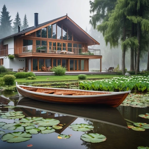 house with lake,house by the water,boat house,boathouse,beautiful home,houseboat,lotus on pond,boat landscape,fishing float,summer cottage,home landscape,wooden house,floating huts,floating over lake,lake view,wooden boat,lily pad,asian architecture,water lotus,floating on the river,Photography,General,Realistic