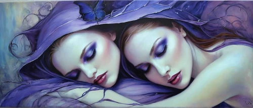 oil painting on canvas,amorous,la violetta,bodypainting,porcelain dolls,oil painting,art painting,mother kiss,fabric painting,entwined,body painting,fantasy art,oil on canvas,blue pillow,two girls,glass painting,mermaids,lovers,sailing blue purple,whisper,Illustration,Realistic Fantasy,Realistic Fantasy 30