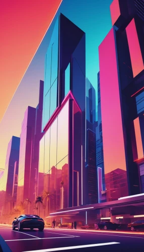 futuristic landscape,colorful city,cityscape,city highway,abstract retro,neon arrows,skyscrapers,futuristic architecture,city trans,city blocks,doha,futuristic,80's design,virtual landscape,cities,skyscraper,dubai,low-poly,fantasy city,city corner,Illustration,American Style,American Style 05