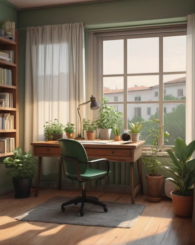 study room,window sill,green living,house plants,windowsill,apartment,houseplant,an apartment,desk,modern office,shared apartment,working space,green plants,modern room,morning light,workspace,wooden windows,livingroom,potted plants,office desk,Illustration,Japanese style,Japanese Style 08