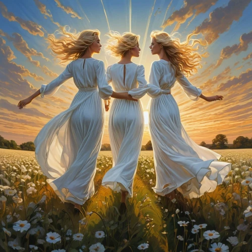 the three graces,celtic woman,white daisies,spring equinox,angel's trumpets,sun daisies,beautiful photo girls,dance with canvases,lionesses,summer solstice,young women,dancers,sun flowers,fairies aloft,angels,oil painting on canvas,angel trumpets,twin flowers,spring awakening,daisies,Conceptual Art,Daily,Daily 09