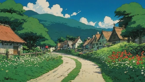 studio ghibli,aurora village,alpine village,mountain village,escher village,knight village,village scene,japanese alps,idyllic,villages,rural landscape,village,idyll,village life,countryside,summer day,valley,meteora,japan landscape,fairy village,Illustration,Japanese style,Japanese Style 14