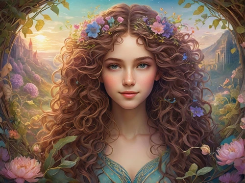 merida,fantasy portrait,girl in a wreath,mystical portrait of a girl,flora,girl in flowers,elven flower,faery,faerie,dryad,primrose,wreath of flowers,rosa 'the fairy,beautiful girl with flowers,fae,romantic portrait,floral wreath,fairy queen,blooming wreath,spring crown,Art,Classical Oil Painting,Classical Oil Painting 16