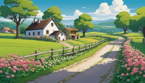 home landscape,rural landscape,springtime background,countryside,meadow landscape,spring morning,spring background,farm landscape,landscape background,country road,clover meadow,blooming field,cartoon video game background,farm background,idyllic,village scene,rural,meadow in pastel,spring meadow,country cottage,Illustration,Japanese style,Japanese Style 07