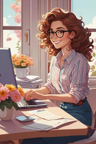 girl at the computer,girl studying,work at home,girl in flowers,women in technology,work from home,online date,holding flowers,girl picking flowers,office worker,working space,illustrator,blogs of moms,floral background,secretary,girl drawing,freelancer,in a working environment,beautiful girl with flowers,flower background,Illustration,Children,Children 04