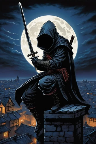 assassin,hooded man,grim reaper,assassins,robin hood,scythe,quarterstaff,cartoon ninja,grimm reaper,swordsman,night watch,swordsmen,wall,awesome arrow,game illustration,de ville,vader,heroic fantasy,mystery book cover,pied piper,Illustration,Realistic Fantasy,Realistic Fantasy 33