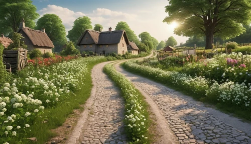 cottage garden,knight village,home landscape,country cottage,cottages,hobbiton,french digital background,pathway,meadow rues,dutch landscape,countryside,cobblestone,clove garden,normandy,cobblestones,holland,country road,dandelion hall,flower meadow,to the garden,Photography,General,Realistic