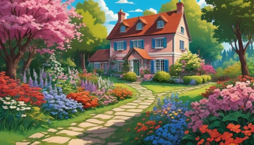 cottage garden,home landscape,summer cottage,cottage,springtime background,country cottage,flower garden,spring background,little house,country house,flower painting,meadow in pastel,spring garden,house painting,houses clipart,tulip festival,roof landscape,cottages,spring morning,hyacinths,Illustration,Japanese style,Japanese Style 07