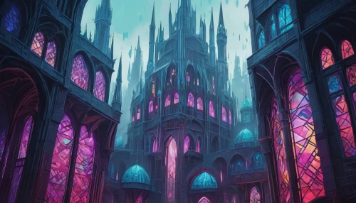 haunted cathedral,cathedral,blood church,gothic church,duomo,sanctuary,hall of the fallen,the cathedral,fantasy city,spire,sunken church,ruin,necropolis,basilica,gothic architecture,sepulchre,temple fade,black church,pillars,gothic,Illustration,Realistic Fantasy,Realistic Fantasy 42