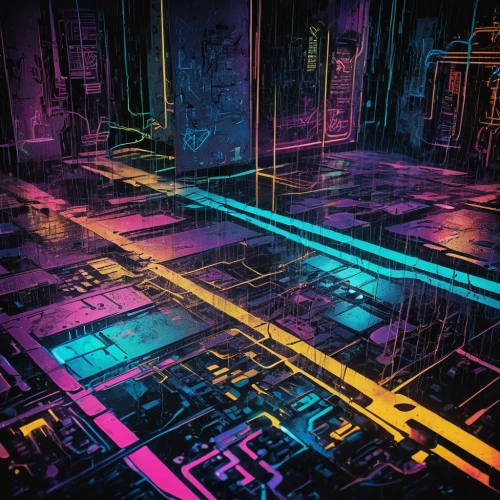 cyberpunk,metropolis,colorful city,neon arrows,cityscape,80's design,cyber,urban,city blocks,fantasy city,intersection,abstract retro,neon,neon ghosts,cyberspace,futuristic landscape,circuitry,city trans,cities,dystopian,Art,Artistic Painting,Artistic Painting 42