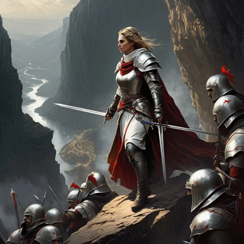 guards of the canyon,heroic fantasy,joan of arc,female warrior,templar,paladin,crusader,swordswoman,knight armor,massively multiplayer online role-playing game,warrior woman,fantasy art,castleguard,fantasy picture,sci fiction illustration,red,knight,king arthur,wall,lone warrior,Conceptual Art,Fantasy,Fantasy 11