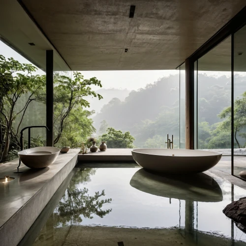 luxury bathroom,bathtub,infinity swimming pool,modern minimalist bathroom,vietnam,house in mountains,junshan yinzhen,asian architecture,zen garden,beautiful home,house in the mountains,tub,dunes house,window covering,interior modern design,ryokan,bathtub accessory,roof landscape,luxury property,baths