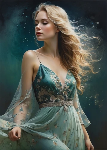 celtic woman,mystical portrait of a girl,fantasy art,fantasy portrait,romantic portrait,faery,faerie,blue enchantress,girl in a long dress,fantasy picture,gracefulness,fairy queen,oil painting,jessamine,oil painting on canvas,blue moon rose,femininity,evening dress,art painting,fantasy woman,Illustration,Paper based,Paper Based 05