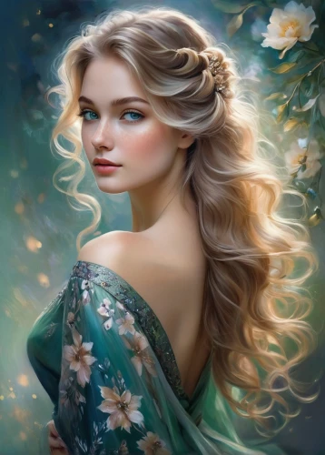 fantasy portrait,celtic woman,rapunzel,romantic portrait,mystical portrait of a girl,elsa,faery,beautiful girl with flowers,jessamine,fairy tale character,fantasy art,fairy queen,girl in flowers,faerie,jasmine blossom,portrait background,world digital painting,scent of jasmine,fantasy picture,mermaid background,Illustration,Paper based,Paper Based 11