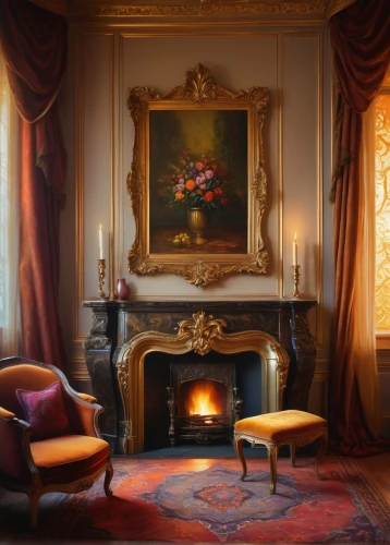sitting room,fireplace,fireplaces,ornate room,fire place,danish room,interior decor,rococo,royal interior,great room,chaise lounge,livingroom,floral chair,billiard room,parlour,ottoman,interior decoration,wade rooms,interiors,breakfast room,Illustration,Realistic Fantasy,Realistic Fantasy 26