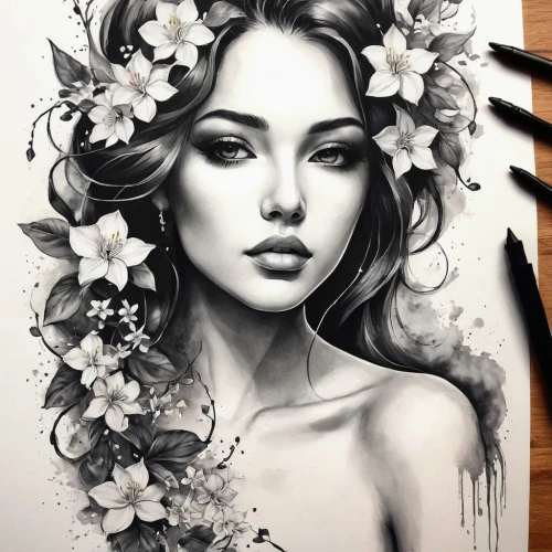 charcoal pencil,pencil drawing,charcoal drawing,pencil art,pencil drawings,flower drawing,flower painting,girl in flowers,graphite,charcoal,rose flower drawing,copic,rose flower illustration,flora,beautiful girl with flowers,boho art,hydrangea,magnolia,flower art,magnolias,Illustration,Realistic Fantasy,Realistic Fantasy 16