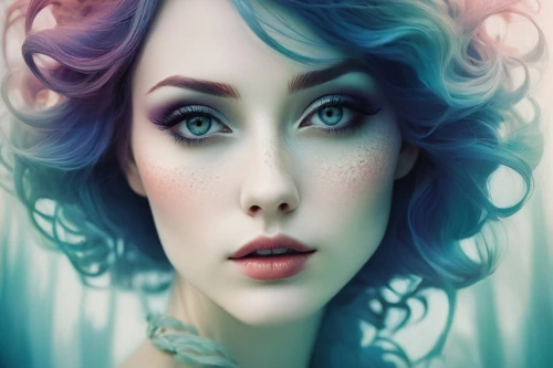 fantasy portrait,mystical portrait of a girl,faery,porcelain doll,blue enchantress,faerie,porcelain dolls,world digital painting,fantasy art,mermaid background,violet head elf,woman face,mermaid vectors,women's eyes,violet eyes,fairy queen,white lady,portrait background,ojos azules,vintage woman,Illustration,Realistic Fantasy,Realistic Fantasy 15