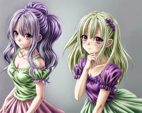 triplet lily,hairstyles,two girls,frula,trio,fairies,joint dolls,vocaloid,purple,passion flower family,anime japanese clothing,lily family,sage color,purple and pink,sisters,bean sprouts,duo,patrol,twin flowers,green