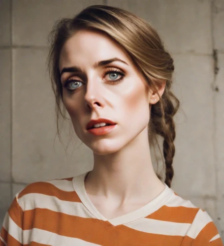 big eyes,striped background,mascara,zombie,pippi longstocking,lip,eyebrow,orange eyes,marina,horizontal stripes,shoulder length,piper,portrait of a girl,cute,virginia,attractive woman,poppy,lindsey stirling,striped,queen cage,Photography,Natural