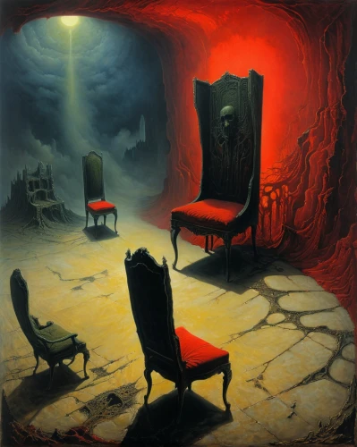 throne,the throne,surrealism,banishment,door to hell,psychotherapy,thrones,dark art,hunting seat,armchair,chairs,the threshold of the house,fantasy picture,surrealistic,mirror of souls,chair,sepulchre,testament,dance of death,the illusion,Conceptual Art,Oil color,Oil Color 01