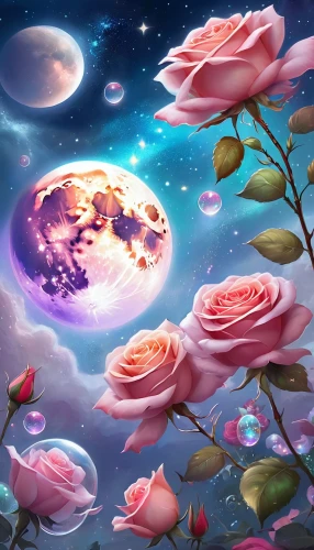 fairy galaxy,fantasy picture,flowers celestial,the sleeping rose,cosmic flower,sky rose,landscape rose,romantic rose,sleeping rose,flower background,unicorn background,rosa 'the fairy,celestial event,noble roses,fantasy landscape,rose flower illustration,blue moon rose,rosa ' amber cover,fantasy art,cosmos field,Illustration,Realistic Fantasy,Realistic Fantasy 01