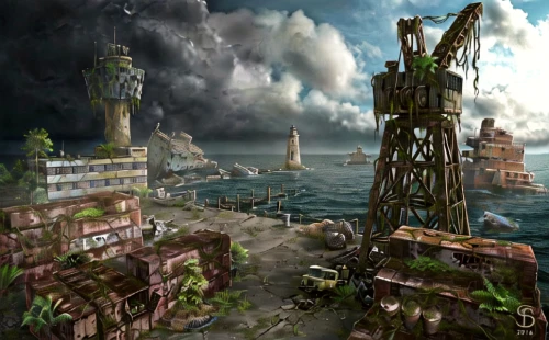 oil platform,post-apocalyptic landscape,industrial landscape,gunkanjima,destroyed city,oil rig,artificial island,industrial ruin,oil industry,post apocalyptic,refinery,ship wreck,apocalyptic,offshore drilling,harbor,post-apocalypse,tower of babel,end of the world,slave island,peter-pavel's fortress