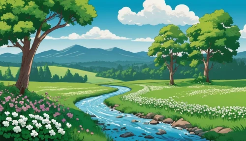 salt meadow landscape,landscape background,mountain spring,meadow landscape,river landscape,clover meadow,mountain meadow,brook landscape,nature landscape,mountain scene,alpine meadow,mountain stream,springtime background,natural landscape,mountain landscape,background vector,spring background,green landscape,landscape nature,meadow and forest,Illustration,Japanese style,Japanese Style 07