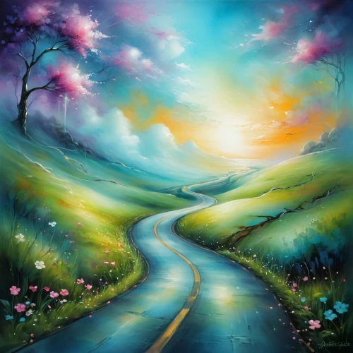oil painting on canvas,winding road,landscape background,pathway,the mystical path,art painting,the road,the road to the sea,road,mountain road,springtime background,crossroad,long road,winding roads,road of the impossible,flower painting,oil on canvas,meadow in pastel,way of the roses,country road,Conceptual Art,Daily,Daily 32