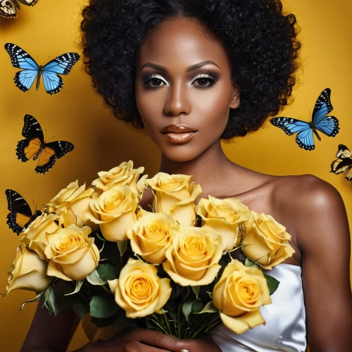 beautiful african american women,yellow rose background,african american woman,african daisies,yellow roses,golden flowers,gold yellow rose,yellow butterfly,artificial hair integrations,afroamerican,afro-american,orange roses,yellow rose,black woman,shea butter,with a bouquet of flowers,beautiful girl with flowers,black women,butterfly floral,blossomed