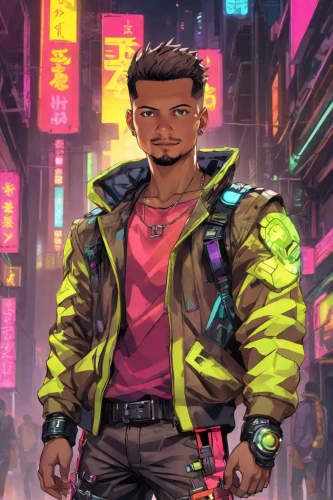 cyberpunk,neon human resources,man in pink,80s,high-visibility clothing,sci fiction illustration,neon,neon colors,punk,mechanic,jacket,neon arrows,star-lord peter jason quill,nico,80's design,cyber,cg artwork,bomber,cyborg,pyro,Digital Art,Anime
