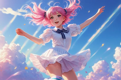 sky rose,flying heart,sakura background,sky,flying girl,jump,japanese sakura background,jumping,ecstatic,cg artwork,heavenly ladder,radiant,pink background,leap for joy,cheering,flying,waving,celestial,would a background,angelic,Conceptual Art,Daily,Daily 01