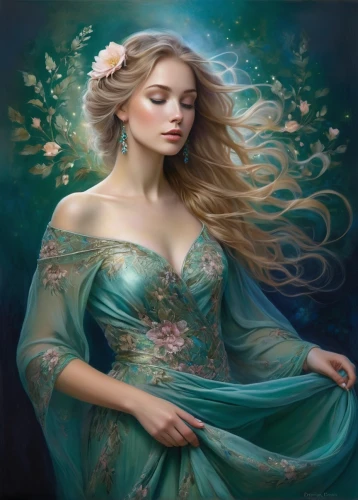 faery,mystical portrait of a girl,faerie,fantasy portrait,celtic woman,fairy queen,fantasy art,blue enchantress,blue moon rose,fantasy picture,the enchantress,moonflower,blue rose,romantic portrait,green mermaid scale,scent of jasmine,the sleeping rose,rosa 'the fairy,scent of roses,elven flower,Illustration,Realistic Fantasy,Realistic Fantasy 30