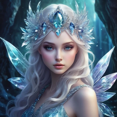 ice queen,the snow queen,faery,fairy queen,faerie,fantasy art,fantasy portrait,white rose snow queen,ice princess,fantasy picture,mermaid background,fairy,fairy tale character,fantasy woman,blue enchantress,elsa,crystalline,elven,fantasy girl,3d fantasy,Illustration,Realistic Fantasy,Realistic Fantasy 15