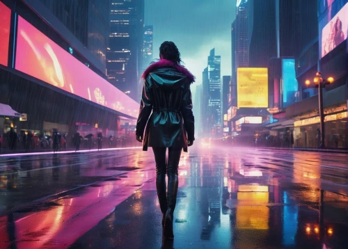 cyberpunk,pedestrian,girl walking away,walking in the rain,woman walking,city lights,neon lights,hong kong,futuristic,a pedestrian,citylights,dystopian,city trans,metropolis,shinjuku,vapor,ultraviolet,cityscape,pedestrians,hk,Photography,Artistic Photography,Artistic Photography 14