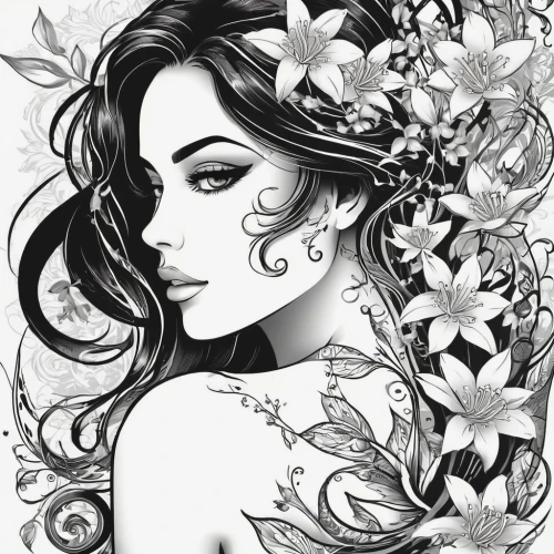 pencil drawings,boho art,jasmine blossom,gardenia,fashion illustration,white floral background,lilies,floral wreath,butterfly floral,a beautiful jasmine,flora,tiger lily,lotus art drawing,widow flower,white magnolia,tattoo girl,scent of jasmine,poison ivy,vanessa (butterfly),fantasy art,Illustration,Vector,Vector 21