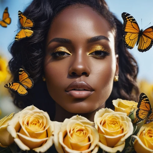 yellow rose background,yellow butterfly,gold yellow rose,queen bee,golden flowers,yellow roses,vanessa (butterfly),gold filigree,retouching,beautiful african american women,photoshoot butterfly portrait,butterfly background,butterfly floral,sunflower lace background,yellow rose,butterfly effect,rosa ' amber cover,butterflay,african american woman,pollinate,Photography,General,Commercial