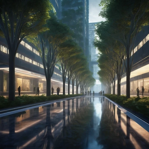 futuristic landscape,tree-lined avenue,reflecting pool,virtual landscape,futuristic architecture,futuristic art museum,the boulevard arjaan,water wall,urban design,paved square,walkway,flooded pathway,city scape,3d rendering,sky tree,row of trees,waterscape,urban landscape,boulevard,sky space concept,Photography,Artistic Photography,Artistic Photography 15