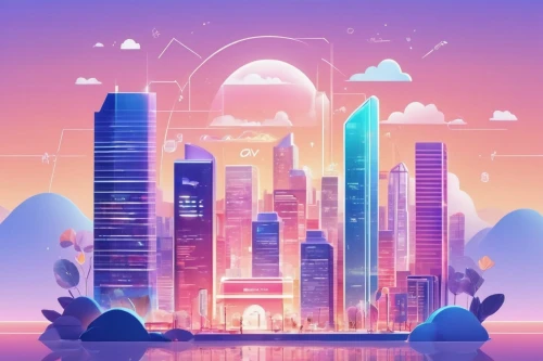 colorful city,fantasy city,cityscape,city skyline,dribbble,futuristic landscape,background vector,cities,metropolis,skyscrapers,metropolises,mobile video game vector background,digital nomads,city cities,doha,dribbble icon,gradient effect,flat design,dusk background,honolulu,Illustration,Japanese style,Japanese Style 01