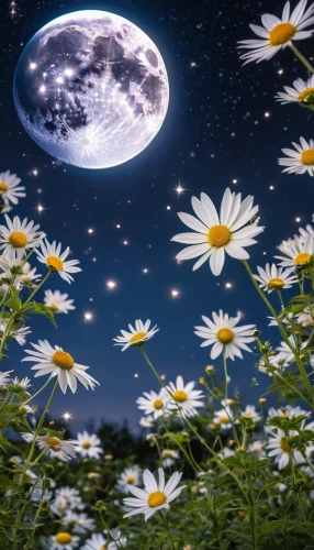 moon and star background,flowers celestial,wood daisy background,moonflower,white cosmos,cosmic flower,magic star flower,daisies,moonlit night,celestial bodies,starry sky,stars and moon,starflower,star of bethlehem,flower background,the moon and the stars,daisy flowers,starry night,meadow daisy,moonlight cactus,Photography,General,Realistic