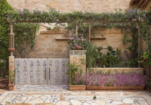 moroccan pattern,spanish tile,provencal life,garden design sydney,patio,landscape design sydney,landscape designers sydney,garden decor,tiled wall,flower boxes,gordes,terracotta tiles,courtyard,ceramic tile,floral decorations,alhambra,outdoor furniture,garden door,almond tiles,tile kitchen,Landscape,Garden,Garden Design,Mediterranean Courtyard