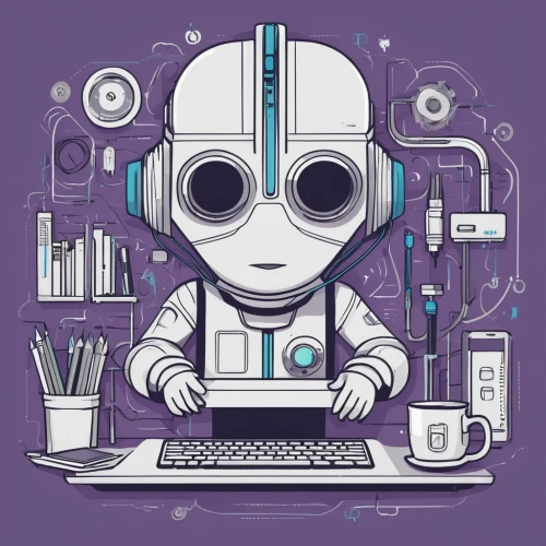 robot icon,cybernetics,chatbot,social bot,chat bot,man with a computer,sci fiction illustration,artificial intelligence,computer icon,illustrator,researcher,adobe illustrator,coder,women in technology,hardware programmer,vector illustration,industrial robot,robotics,computer science,book electronic,Illustration,Vector,Vector 06
