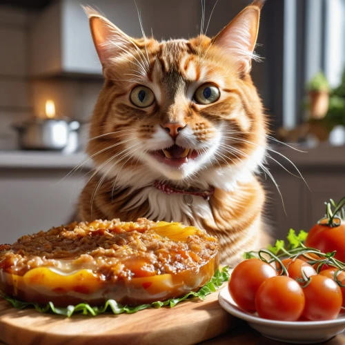 red tabby,caterer,étouffée,cat food,funny cat,maincoon,cat image,saganaki,meatloaf,domestic cat,tuna steak,food presentation,delicious meal,domestic long-haired cat,tomato pie,ginger cat,omnivore,moussaka,cat tongue,red whiskered bulbull,Photography,General,Realistic