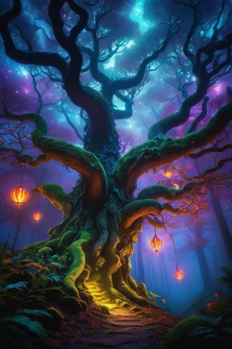 magic tree,fairy forest,elven forest,haunted forest,enchanted forest,fantasy landscape,druid grove,halloween background,fairytale forest,fantasy picture,halloween wallpaper,forest of dreams,fairy world,forest tree,colorful tree of life,mushroom landscape,fae,magical,fantasia,the forest,Conceptual Art,Daily,Daily 19