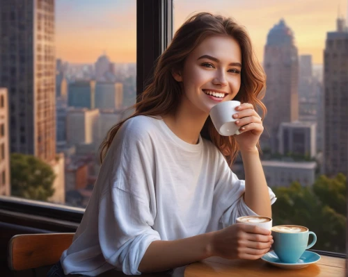 woman drinking coffee,drinking coffee,coffee background,cappuccino,a cup of coffee,woman at cafe,autumn hot coffee,café au lait,caffè americano,tea zen,hot coffee,a buy me a coffee,girl with cereal bowl,coffee break,cup of coffee,espresso,non-dairy creamer,coffee time,barista,drink coffee,Illustration,Realistic Fantasy,Realistic Fantasy 22