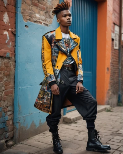 street fashion,yellow brick wall,pompadour,novelist,fashion street,leather,male model,african boy,men's wear,trespassing,lando,man's fashion,young model,bolero jacket,leather goods,stylish boy,mohawk hairstyle,zion,styled,fashionista,Photography,General,Fantasy