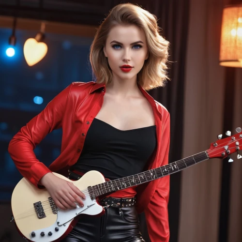 epiphone,guitar,rockabilly style,electric guitar,concert guitar,playing the guitar,guitar player,acoustic-electric guitar,rockabilly,red lipstick,guitar amplifier,guitarist,leather jacket,jazz guitarist,acoustic guitar,red lips,bolero jacket,telecaster,harley,red-hot polka,Photography,General,Realistic