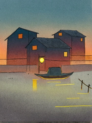 floating huts,fisherman's house,night scene,house with lake,houseboat,boathouse,fisherman's hut,olle gill,boat house,house by the water,lonely house,boat shed,matruschka,houses silhouette,cottage,summer cottage,stilt houses,house silhouette,straw hut,farmhouse,Illustration,Paper based,Paper Based 07