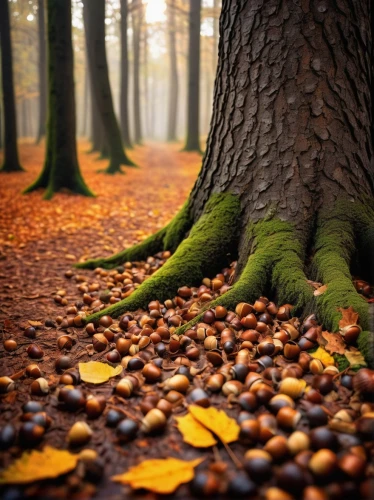 chestnut forest,forest floor,autumn forest,germany forest,chestnut trees,autumn background,lonely chestnut,beech trees,deciduous forest,beech forest,chestnuts,fallen acorn,european beech,wild chestnuts,autumn round,forest tree,fir forest,wood and leaf,brown tree,to collect chestnuts,Illustration,Realistic Fantasy,Realistic Fantasy 23